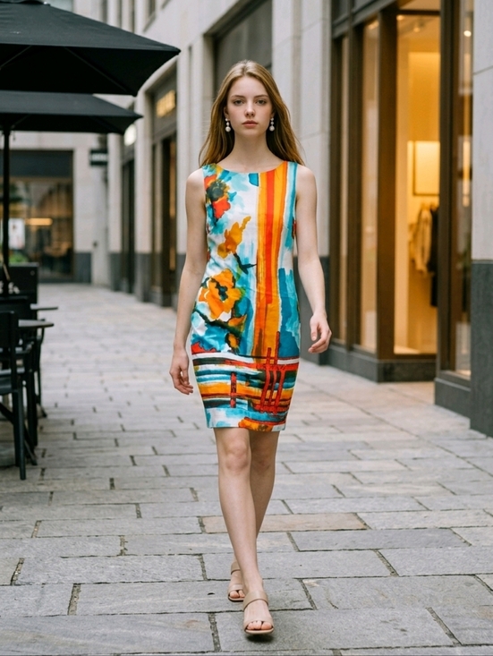 Chettab Dresses & Skirts - CHETTA B Vibrant Blue and Orange Sleeveless Sheath Midi Dress